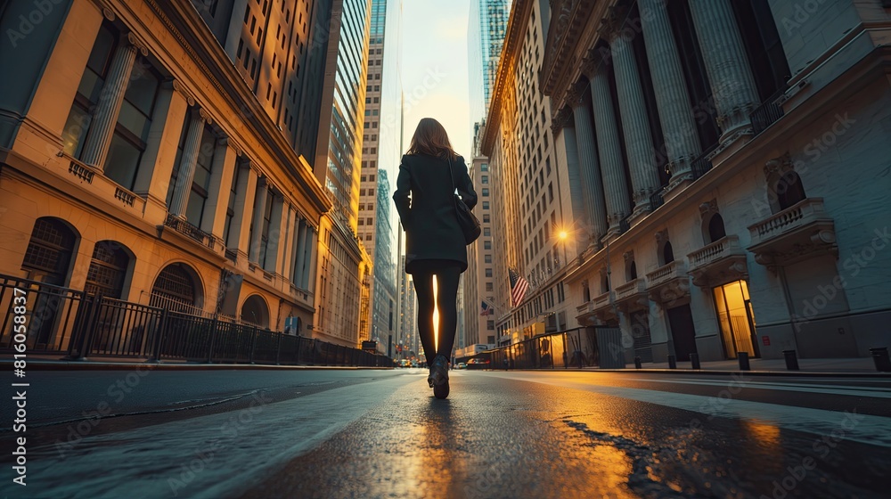 A young professional woman confidently walks through a sunlit urban street, surrounded by towering skyscrapers.. A young professional woman confidently walks through a sunlit urban street, surrounded by towering skyscrapers..