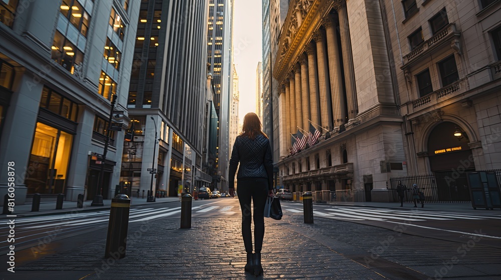A young professional woman confidently walks through a sunlit urban street, surrounded by towering skyscrapers.. A young professional woman confidently walks through a sunlit urban street, surrounded by towering skyscrapers..
