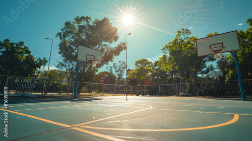 Empty sunlit basketball court in city park on hot sunny day under blue zenith sky Bright sun in the sky Sports lifestyle leisure activity concept   Generative AI