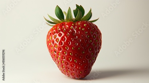 A single  perfectly ripe strawberry with bright red color and fresh green leaves  presented on a clean white background..
