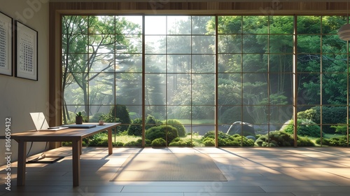 Minimalist writer s nook with a simple desk facing a serene garden view Japanese minimalism  Soft hues  Watercolor  Includes a zen garden visible through floortoceiling windows