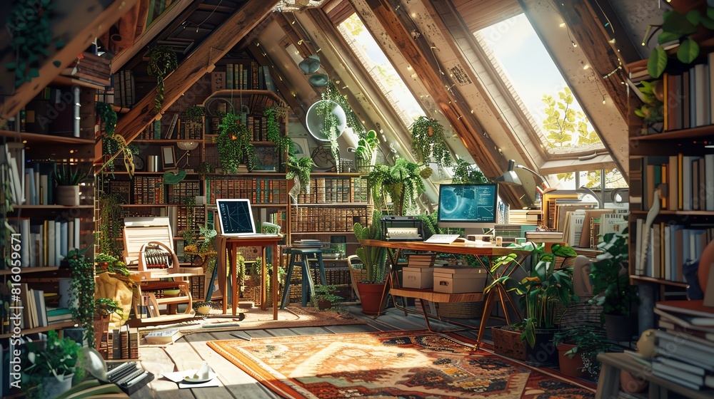Remote worker in a cozy, bohemianstyle attic space filled with plants, books, and a vintage typewriter, using a futuristic AI hologram assistant, rendered in watercolor