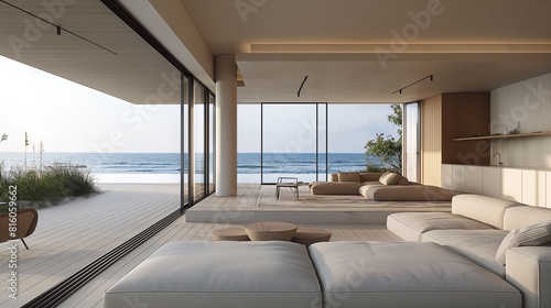 An expansive modern living room in a luxury beachfront home with large windows showcasing a breathtaking ocean view..