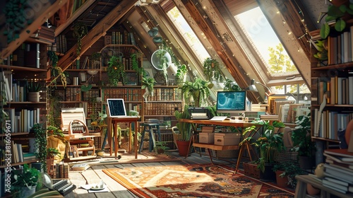 Remote worker in a cozy  bohemianstyle attic space filled with plants  books  and a vintage typewriter  using a futuristic AI hologram assistant  rendered in watercolor