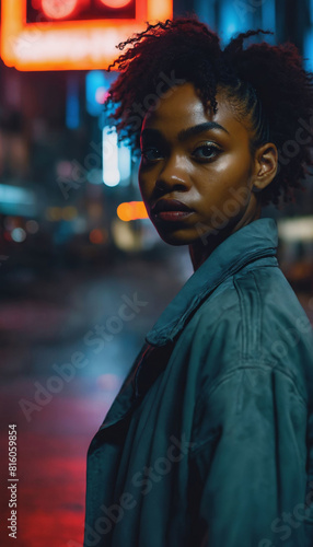 photo of beautiful adult african woman with hood coat standing posing for picture at night future city, generative AI