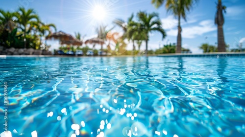Crystal-clear blue water shimmers in the pool.
