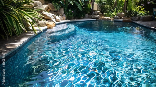 Crystal-clear blue water shimmers in the pool.