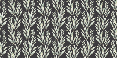 Green branches with leaves. Hand drawn watercolor seamless pattern of Twigs. Summer floral background for wedding design, textiles, wrapping paper, scrapbooking