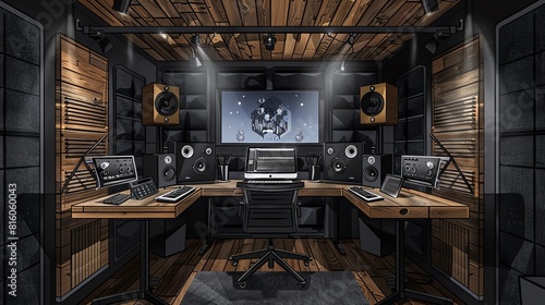 Streamlined home studio for a podcaster with soundproofing and advanced recording equipment Modern, Dark palette, Sketch, Includes hightech mics and monitors in a compact space