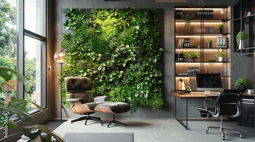 Tech entrepreneur s home office with smart home devices, minimalist furniture, and a green wall for sustainability, modern, 3D illustration