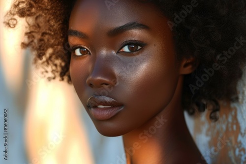 Stunning close-up of a young woman with glowing skin basking in the warm sunlight