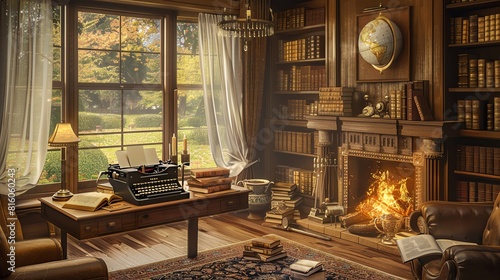 Vintage writer s den with typewriter, leatherbound books, and an antique globe Vintage, Sepia, Sketch, Warm lighting with a fireplace and a view of a secluded garden outside photo