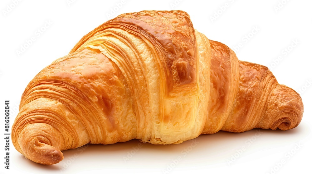 Close-up image of a freshly baked, golden-brown croissant with flaky layers, isolated on a white background.. Close-up image of a freshly baked, golden-brown croissant with flaky layers, isolated on a white background..
