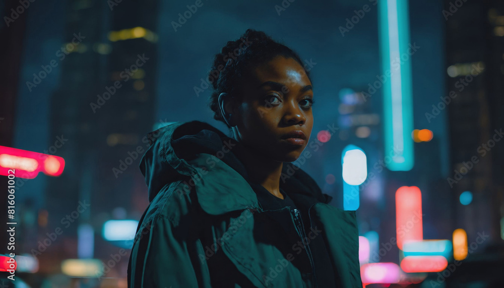 photo of beautiful adult african woman with hood coat standing posing for picture at night future city, generative AI photo of beautiful adult african woman with hood coat standing posing for picture at night future city, generative AI