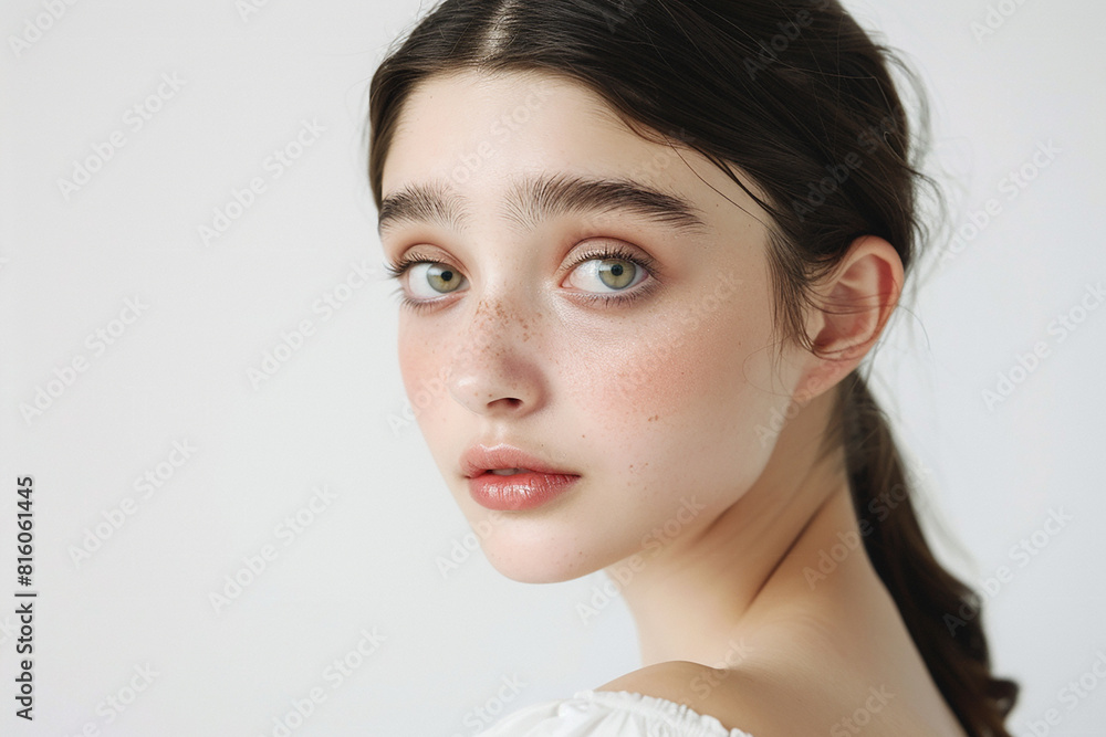 A woman with green eyes and a greenish tint to her skin A woman with green eyes and a greenish tint to her skin