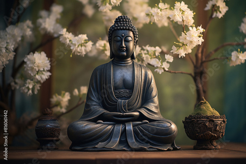 Black Buddha statue in meditating pose photo