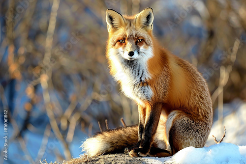 A fox is sitting on a log in the snow