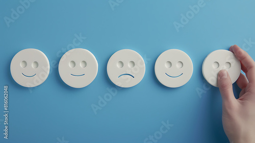 five white Cristel discs on a blue background, each with a different facial expression. Three discs show negative or neutral emotions, two feature smiles. A hand is seen picking up one of the smiling 