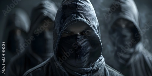 Criminal gang wearing black hoodies and masks engaging in violent activities. Concept Violent crimes, Criminal gangs, Black hoodies, Masks, Illegal activities