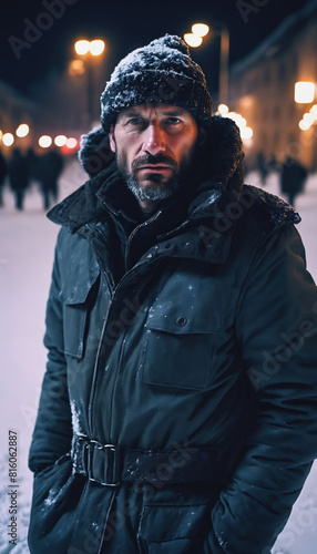 photo of adult Slavic man as spy agent standing posing for picture at winter night  generative AI