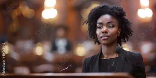 Black female lawyer presents case in court defending defendants rights before judge. Concept Legal Defense, African American Lawyer, Courtroom Setting, Legal Rights, Judicial System