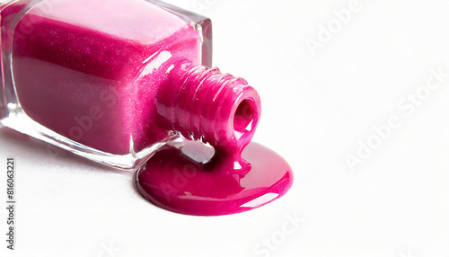 Pink nail polish spilled on a white background, close-up