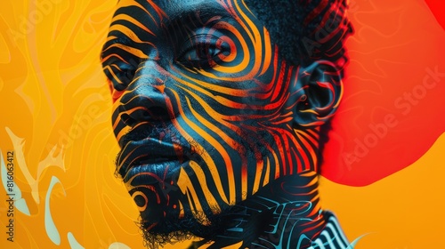 A man with a zebra print face is the main focus of the image photo