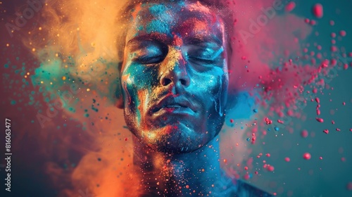 A man with colorful face paint and a colorful background photo
