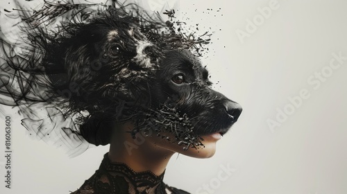 A woman's face is covered in black paint, giving it a wild photo