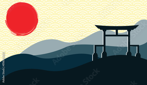Japanese art with ancient design of Torii gate and the beautiful nature of Japan