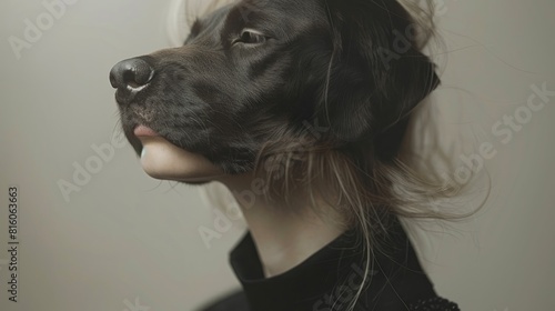 A black dog with a nose piercing is wearing a woman's hair photo