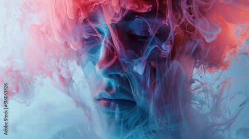 A woman's face is obscured by smoke, creating a surreal and dreamlike atmosphere photo
