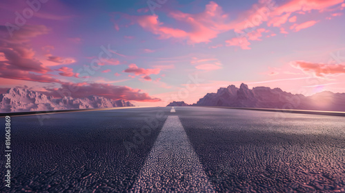 Asphalt road platforms and karst mountain with red clouds at sunrise : Generative AI photo