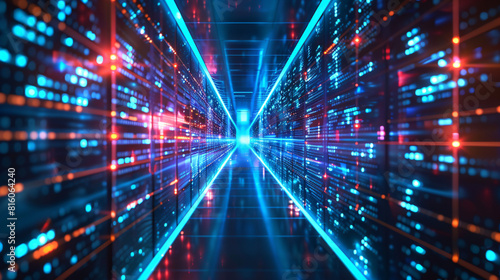 Futuristic technology abstract background with lines for network  big data  data center  server  internet  speed. Abstract neon lights into digital technology tunnel. 3D render