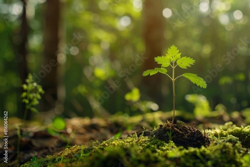 single young tree sapling growing in lush forest  bathed in soft sunlight. essence of new beginnings and hope for greener future