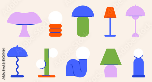 Danish design table lamps vector illustration set. Midcentury style interior illumination