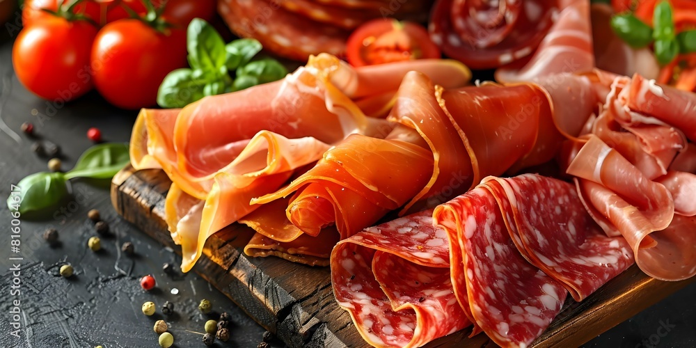 Obraz premium Italian Cured Meats on a Charcuterie Platter. Concept Meat Selection, Charcuterie Presentation, Antipasto Platter, Italian Delights, Artisanal Meats