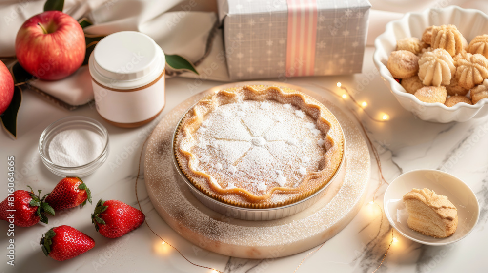 Festive pie holiday flat top view, with red strawberry dessert Festive pie holiday flat top view, with red strawberry dessert