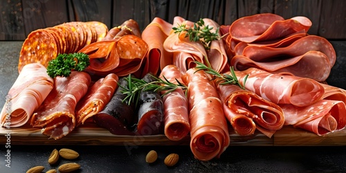 Italian deli meats like prosciutto and capicola on a charcuterie board. Concept Italian Cuisine, Charcuterie Boards, Deli Meats, Prosciutto, Capicola photo