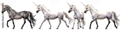 4 images of realistic unicorn horses in different poses, white background, with hyper detailed and high quality styles, at high resolution and high definition