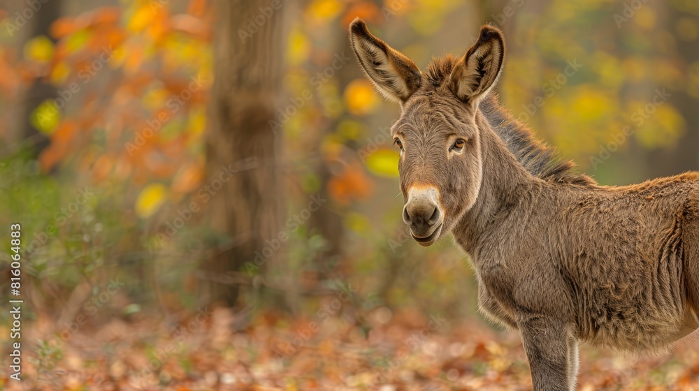 A donkey stands amidst a forest, surrounded by fallen leaves and trees bearing orange foliage in the background A donkey stands amidst a forest, surrounded by fallen leaves and trees bearing orange foliage in the background