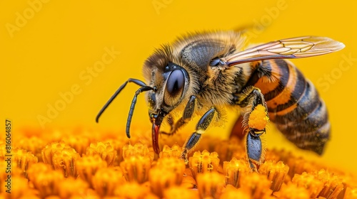  A bee hovers over a yellow flower, its body perched atop an abundant supply of pollen-laden petals © Jevjenijs
