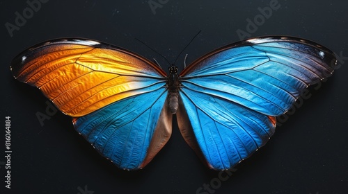  A blue and orange butterfly in close-up, perched on a black backdrop Its wings are folded upward, then folded downward