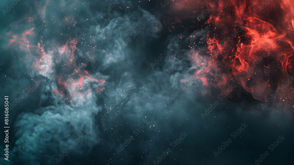 Background with dark smoke clouds in red light after explosion or natural disaster. Abstract banner for military operations, disasters, war games, ads with copy space. Battlefield under attack.