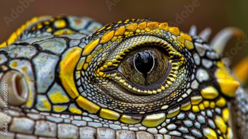  A tight shot of an iguana s vivid yellow and black-patterned eye