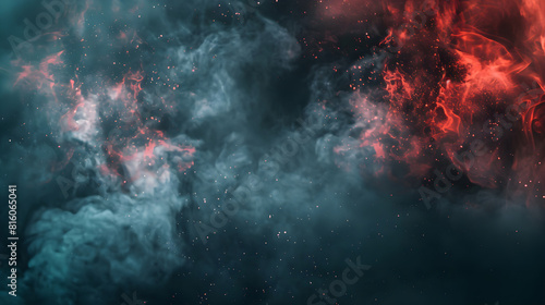 Background with dark smoke clouds in red light after explosion or natural disaster. Abstract banner for military operations, disasters, war games, ads with copy space. Battlefield under attack. © Irina