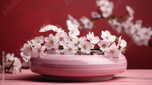 Wallpaper Mural Cherry blossom round pedestal on pink background - spring banner mockup with product space Torontodigital.ca
