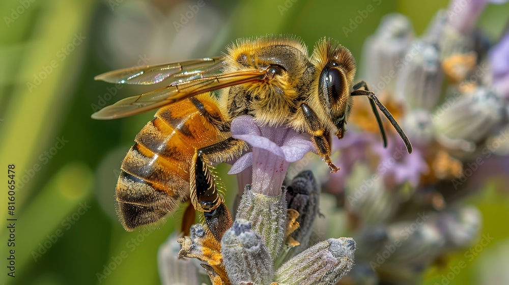 A bee hovers over a flower, its wings dotted with water droplets, and a tranquil body of water lies in the background A bee hovers over a flower, its wings dotted with water droplets, and a tranquil body of water lies in the background
