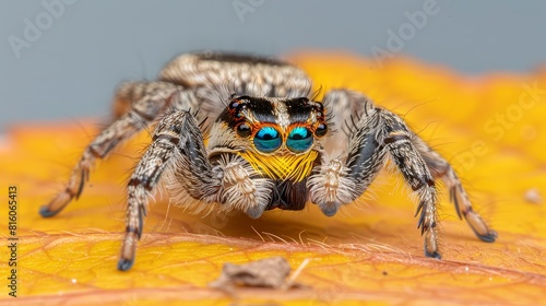  A tight shot of a jumping spider perched on a sun-yellow leaf Its intricately patterned face sports an eye patch in shades of blue and orange