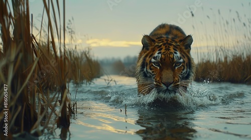  A tiger wades through a body of water, reeds lining the shore in the foreground, as a sunset paints the sky behind